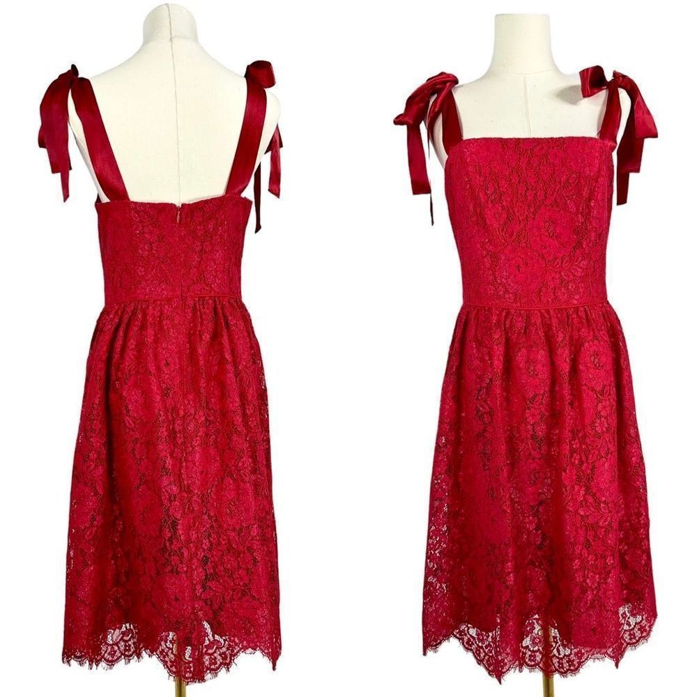 Red Lace Ribbon Tie-Shoulder Midi Dress